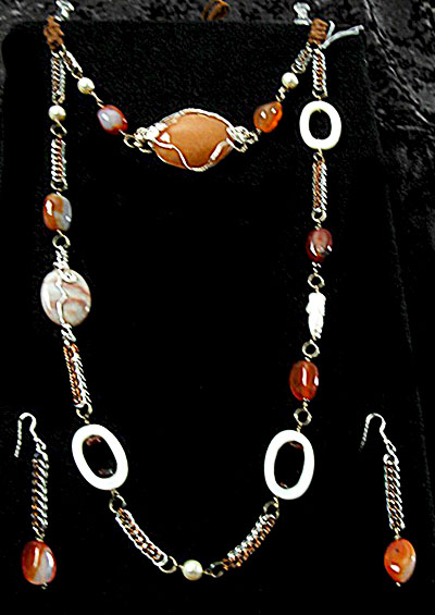 agate and pearls long dbl necklace and earrings